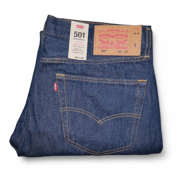 Levis 501 Men's Size 36X34 Jeans Dark Rinse Denim Original Fit Straight Leg NEW - Picture 1 of 11